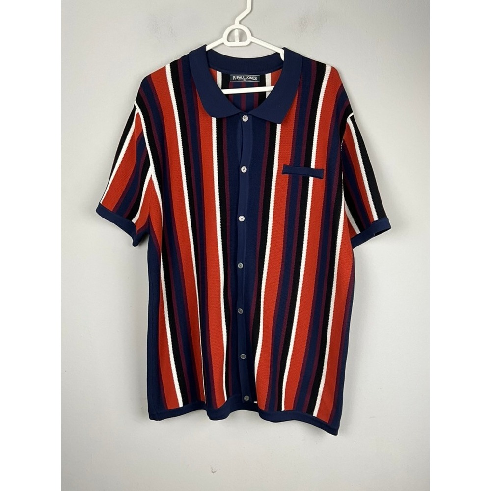 PJ PAUL JONES Mens Knit Polo Shirt XL Striped Button Down Collar Red Navy
